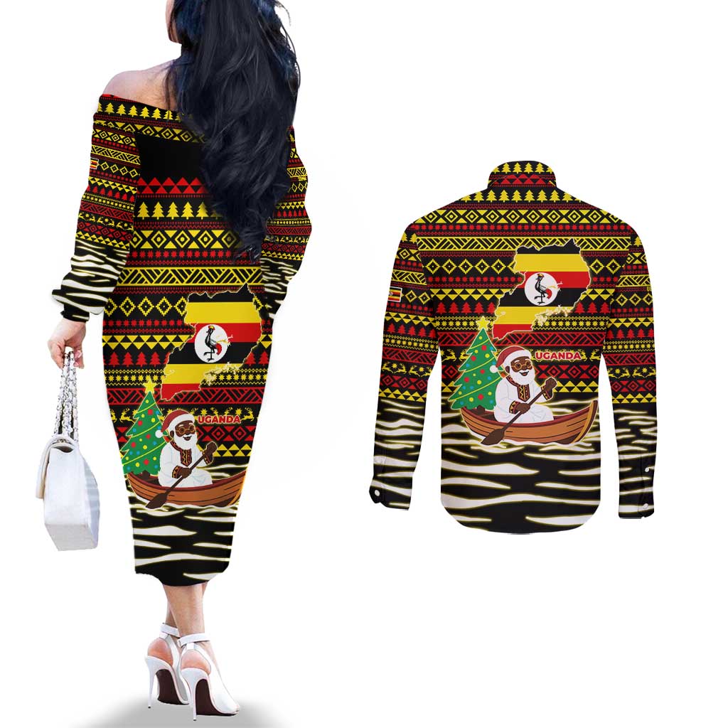 Uganda Christmas Couples Matching Off The Shoulder Long Sleeve Dress and Long Sleeve Button Shirt with Santa in Canoe Christmas Tree Uganda Map Flag and Black Red Yellow Tribal Pattern Design - Wonder Print Shop