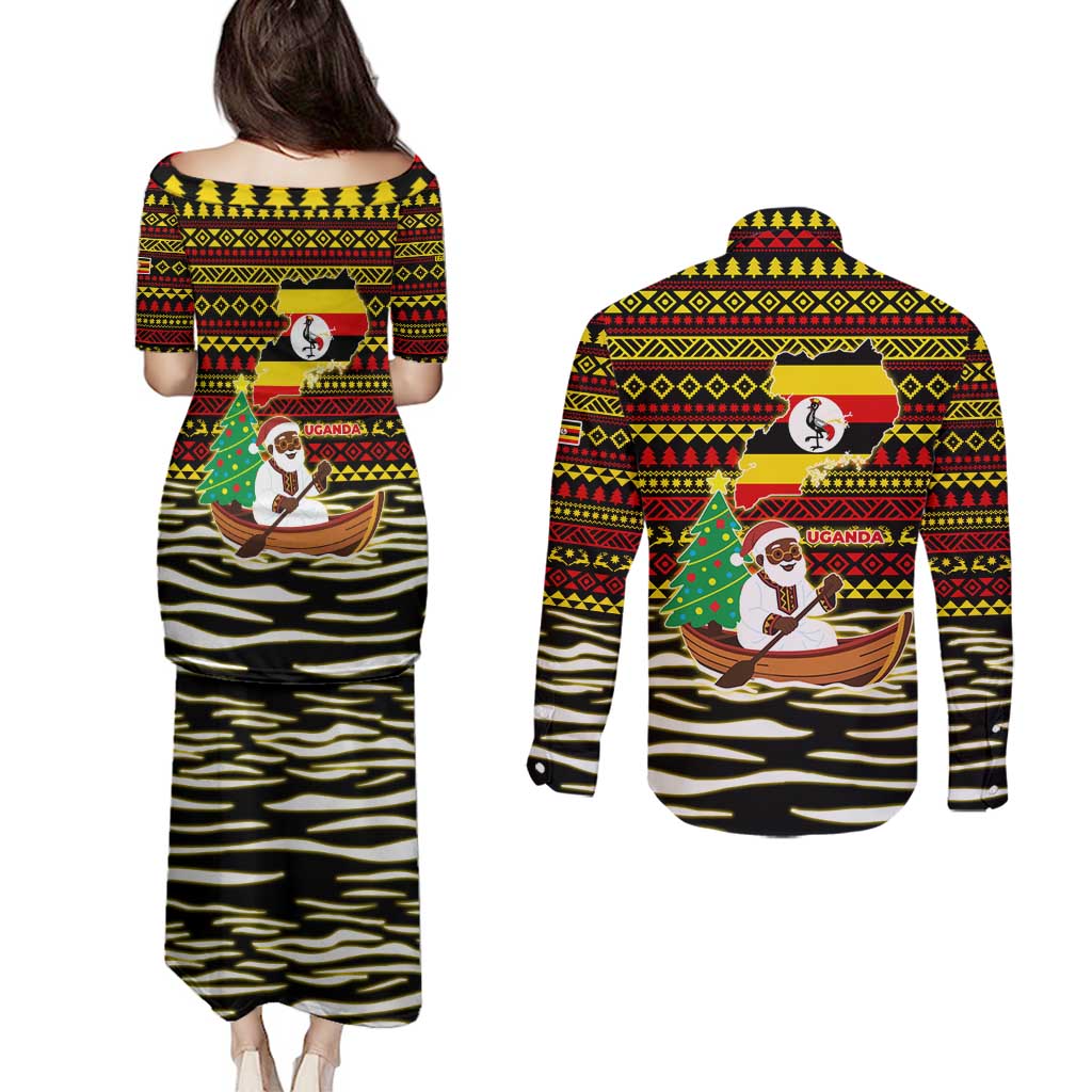 Uganda Christmas Couples Matching Puletasi and Long Sleeve Button Shirt with Santa in Canoe Christmas Tree Uganda Map Flag and Black Red Yellow Tribal Pattern Design - Wonder Print Shop
