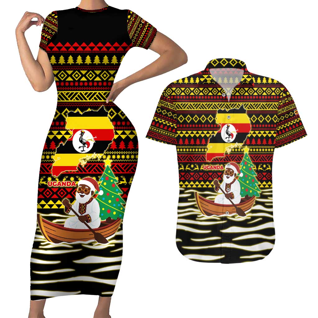 Uganda Christmas Couples Matching Short Sleeve Bodycon Dress and Hawaiian Shirt with Santa in Canoe Christmas Tree Uganda Map Flag and Black Red Yellow Tribal Pattern Design - Wonder Print Shop