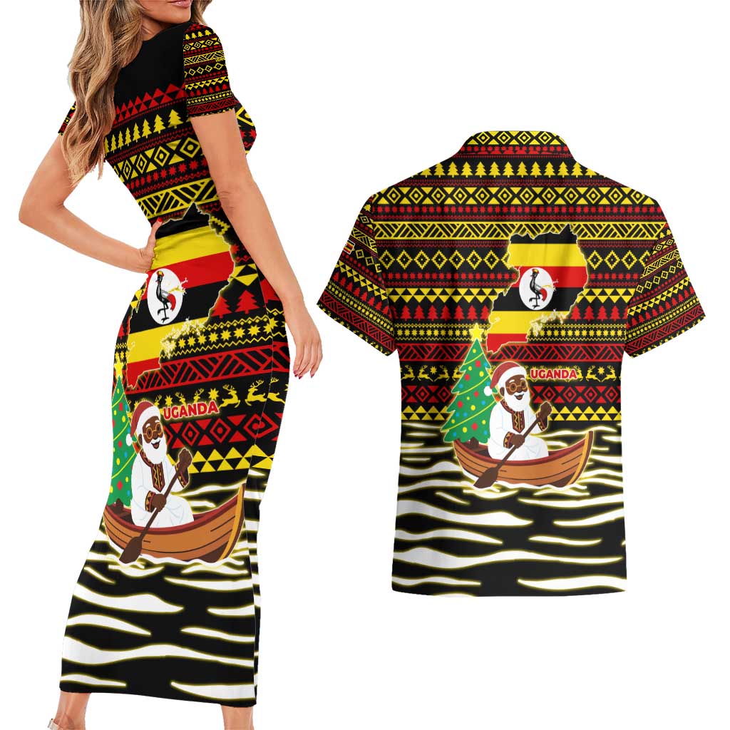 Uganda Christmas Couples Matching Short Sleeve Bodycon Dress and Hawaiian Shirt with Santa in Canoe Christmas Tree Uganda Map Flag and Black Red Yellow Tribal Pattern Design - Wonder Print Shop