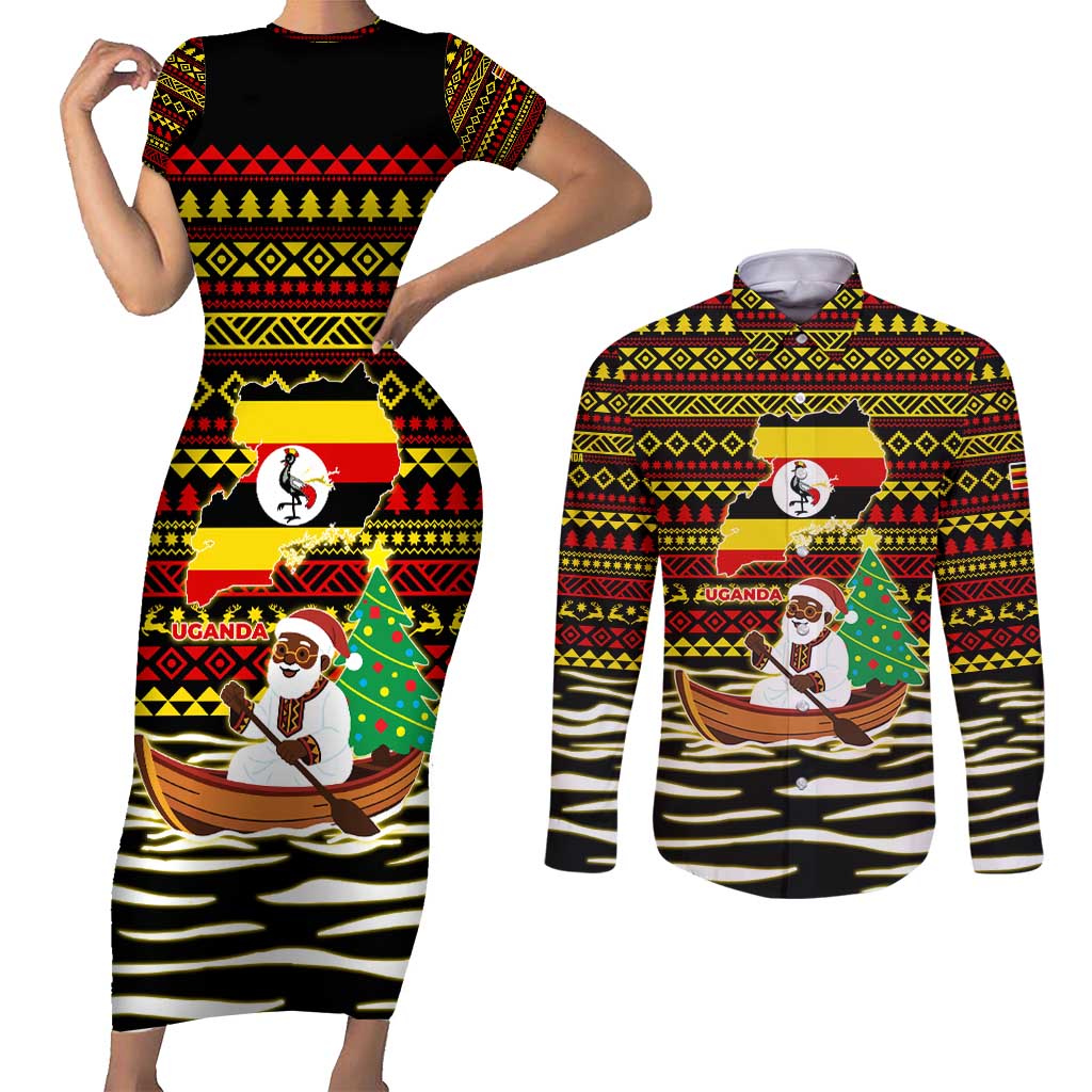 Uganda Christmas Couples Matching Short Sleeve Bodycon Dress and Long Sleeve Button Shirt with Santa in Canoe Christmas Tree Uganda Map Flag and Black Red Yellow Tribal Pattern Design - Wonder Print Shop