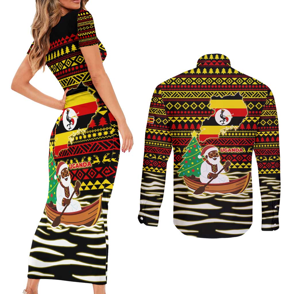Uganda Christmas Couples Matching Short Sleeve Bodycon Dress and Long Sleeve Button Shirt with Santa in Canoe Christmas Tree Uganda Map Flag and Black Red Yellow Tribal Pattern Design - Wonder Print Shop