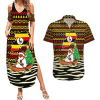 Uganda Christmas Couples Matching Summer Maxi Dress and Hawaiian Shirt with Santa in Canoe Christmas Tree Uganda Map Flag and Black Red Yellow Tribal Pattern Design - Wonder Print Shop