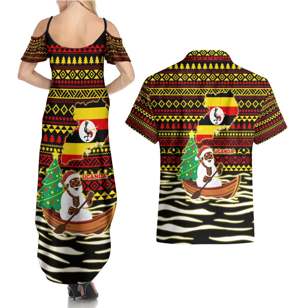 Uganda Christmas Couples Matching Summer Maxi Dress and Hawaiian Shirt with Santa in Canoe Christmas Tree Uganda Map Flag and Black Red Yellow Tribal Pattern Design - Wonder Print Shop