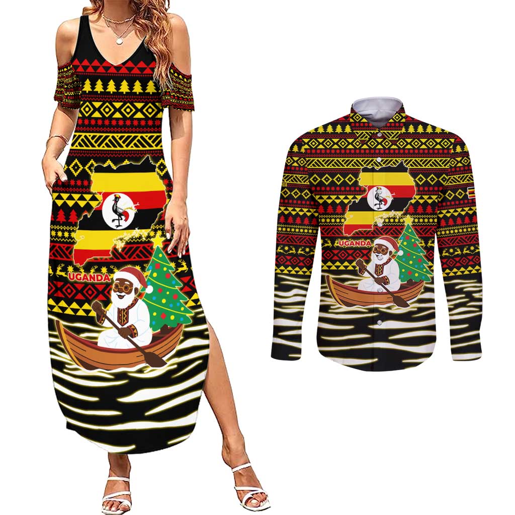 Uganda Christmas Couples Matching Summer Maxi Dress and Long Sleeve Button Shirt with Santa in Canoe Christmas Tree Uganda Map Flag and Black Red Yellow Tribal Pattern Design - Wonder Print Shop