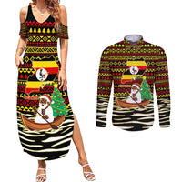 Uganda Christmas Couples Matching Summer Maxi Dress and Long Sleeve Button Shirt with Santa in Canoe Christmas Tree Uganda Map Flag and Black Red Yellow Tribal Pattern Design - Wonder Print Shop
