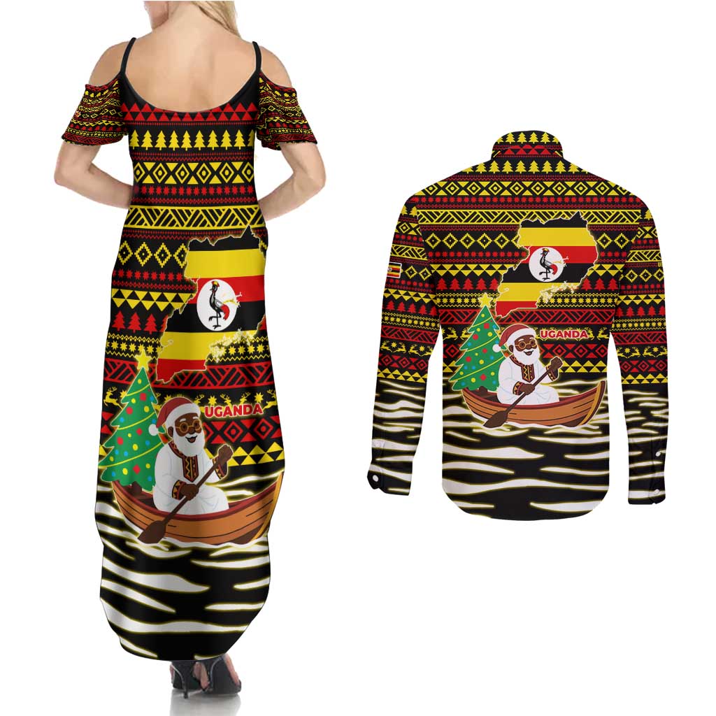 Uganda Christmas Couples Matching Summer Maxi Dress and Long Sleeve Button Shirt with Santa in Canoe Christmas Tree Uganda Map Flag and Black Red Yellow Tribal Pattern Design - Wonder Print Shop