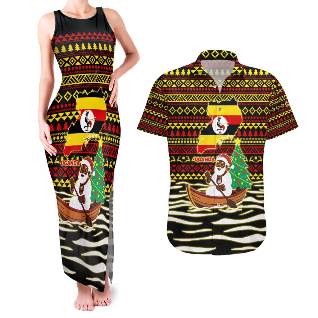 Uganda Christmas Couples Matching Tank Maxi Dress and Hawaiian Shirt with Santa in Canoe Christmas Tree Uganda Map Flag and Black Red Yellow Tribal Pattern Design - Wonder Print Shop