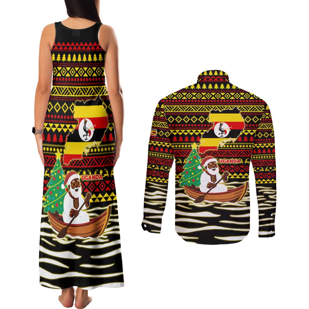 Uganda Christmas Couples Matching Tank Maxi Dress and Long Sleeve Button Shirt with Santa in Canoe Christmas Tree Uganda Map Flag and Black Red Yellow Tribal Pattern Design - Wonder Print Shop