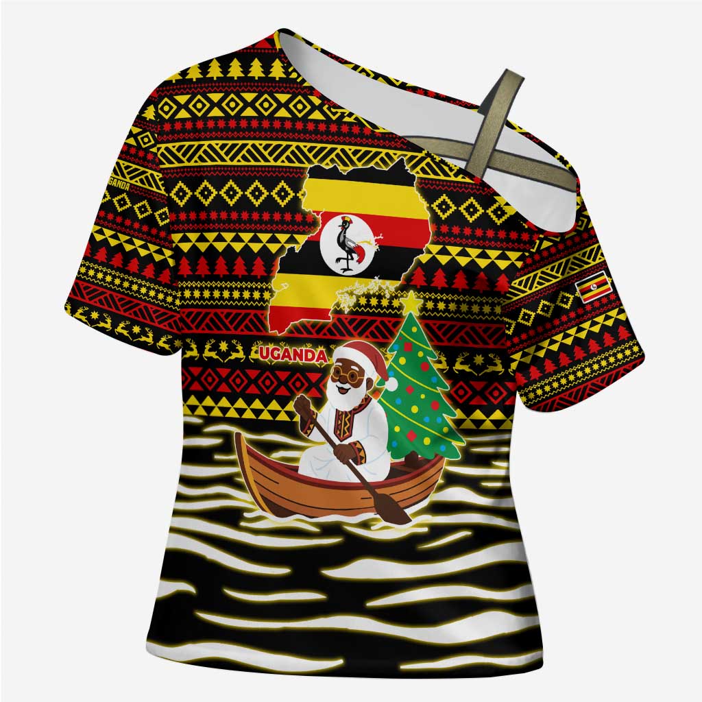 Uganda Christmas Cross Shoulder Shirt with Santa in Canoe Christmas Tree Uganda Map Flag and Black Red Yellow Tribal Pattern Design - Wonder Print Shop