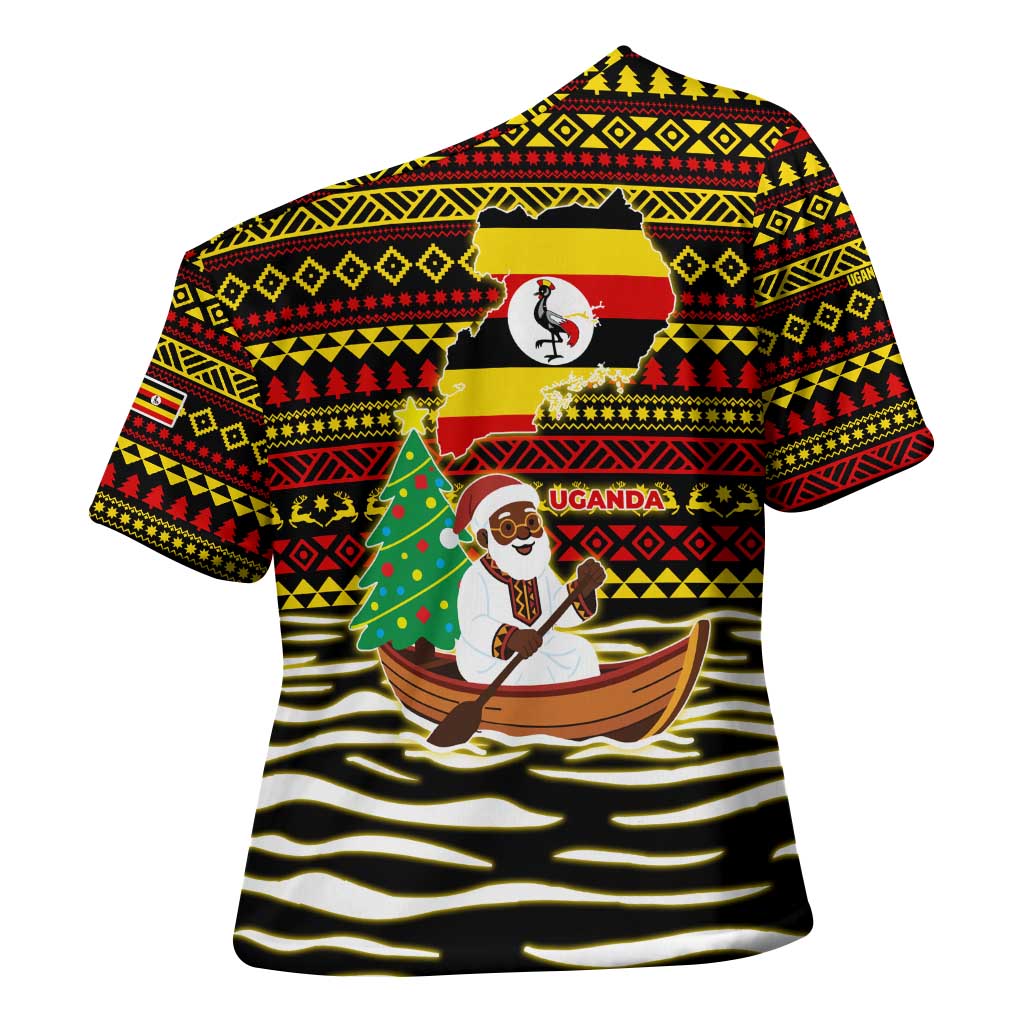 Uganda Christmas Cross Shoulder Shirt with Santa in Canoe Christmas Tree Uganda Map Flag and Black Red Yellow Tribal Pattern Design - Wonder Print Shop