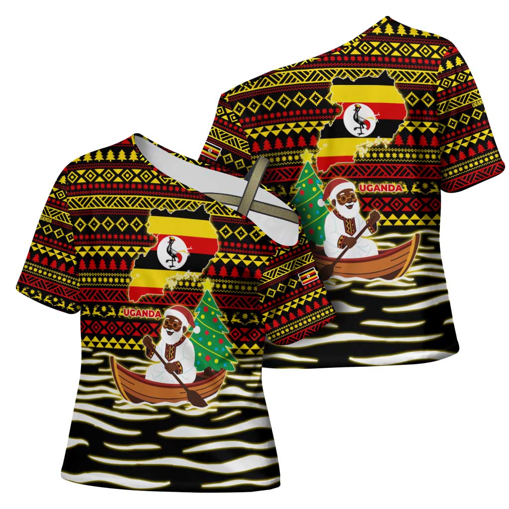 Uganda Christmas Cross Shoulder Shirt with Santa in Canoe Christmas Tree Uganda Map Flag and Black Red Yellow Tribal Pattern Design - Wonder Print Shop