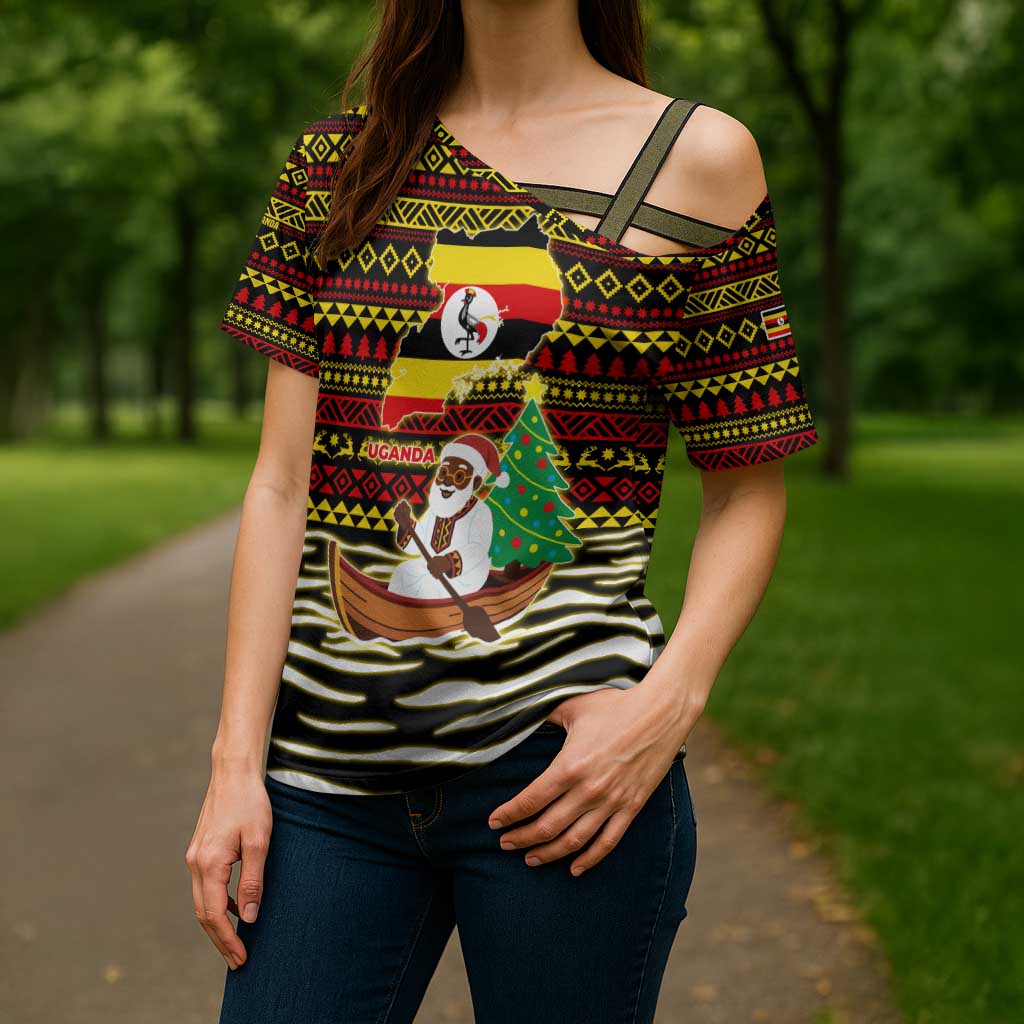 Uganda Christmas Cross Shoulder Shirt with Santa in Canoe Christmas Tree Uganda Map Flag and Black Red Yellow Tribal Pattern Design - Wonder Print Shop