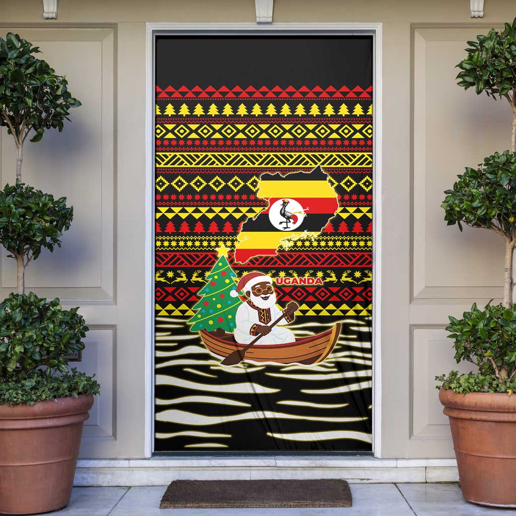 Uganda Christmas Door Cover with Santa in Canoe Christmas Tree Uganda Map Flag and Black Red Yellow Tribal Pattern Design - Wonder Print Shop