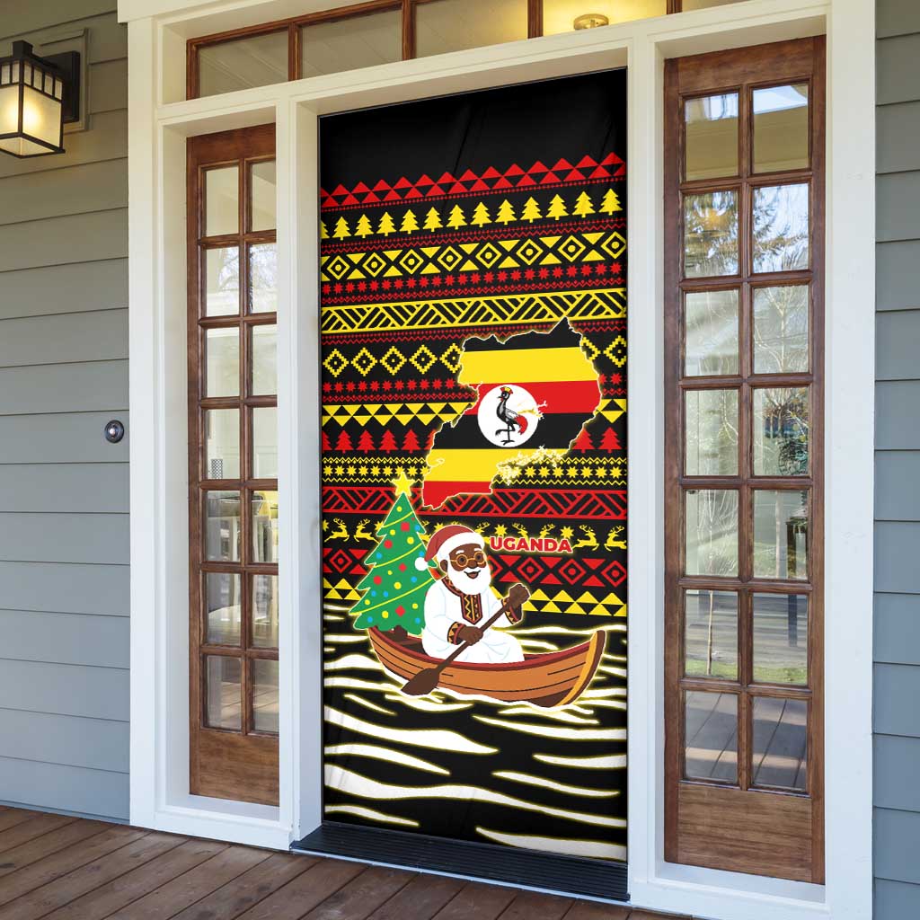 Uganda Christmas Door Cover with Santa in Canoe Christmas Tree Uganda Map Flag and Black Red Yellow Tribal Pattern Design - Wonder Print Shop