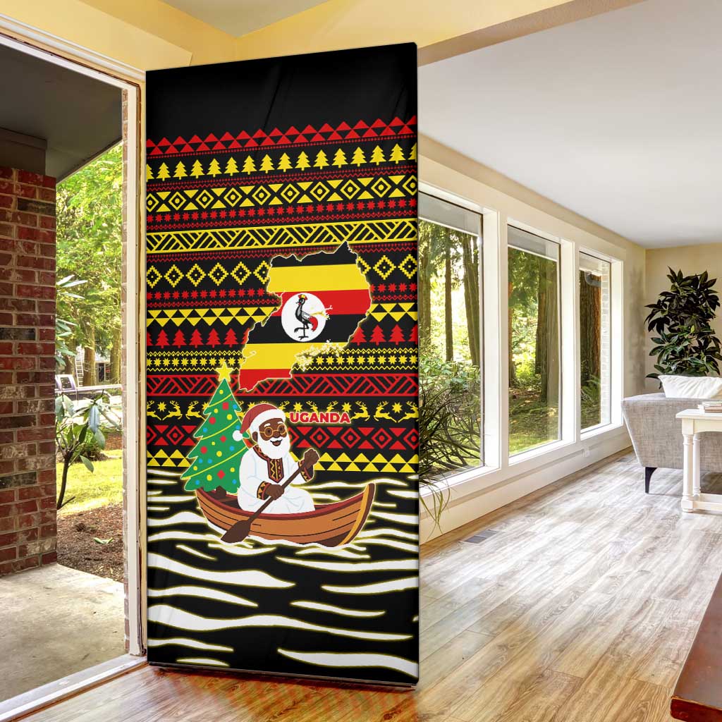 Uganda Christmas Door Cover with Santa in Canoe Christmas Tree Uganda Map Flag and Black Red Yellow Tribal Pattern Design - Wonder Print Shop