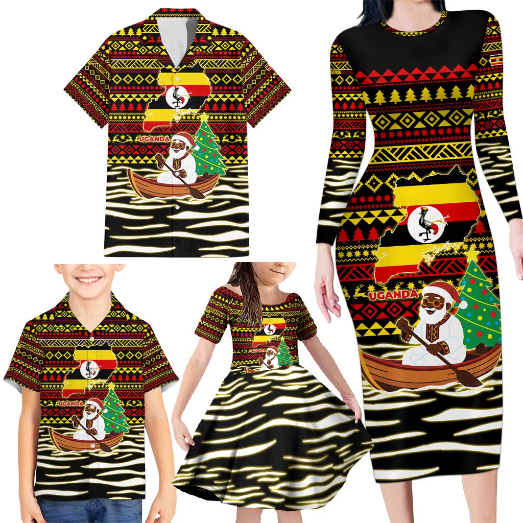 Uganda Christmas Family Matching Long Sleeve Bodycon Dress and Hawaiian Shirt with Santa in Canoe Christmas Tree Uganda Map Flag and Black Red Yellow Tribal Pattern Design - Wonder Print Shop