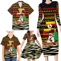Uganda Christmas Family Matching Long Sleeve Bodycon Dress and Hawaiian Shirt with Santa in Canoe Christmas Tree Uganda Map Flag and Black Red Yellow Tribal Pattern Design - Wonder Print Shop