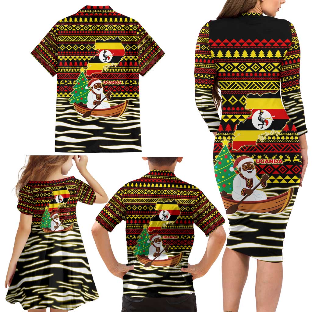 Uganda Christmas Family Matching Long Sleeve Bodycon Dress and Hawaiian Shirt with Santa in Canoe Christmas Tree Uganda Map Flag and Black Red Yellow Tribal Pattern Design - Wonder Print Shop