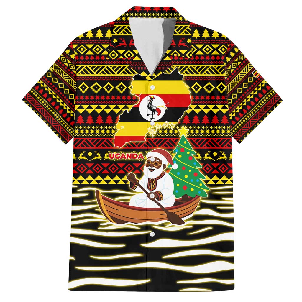 Uganda Christmas Family Matching Long Sleeve Bodycon Dress and Hawaiian Shirt with Santa in Canoe Christmas Tree Uganda Map Flag and Black Red Yellow Tribal Pattern Design - Wonder Print Shop