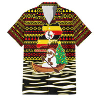 Uganda Christmas Family Matching Long Sleeve Bodycon Dress and Hawaiian Shirt with Santa in Canoe Christmas Tree Uganda Map Flag and Black Red Yellow Tribal Pattern Design - Wonder Print Shop