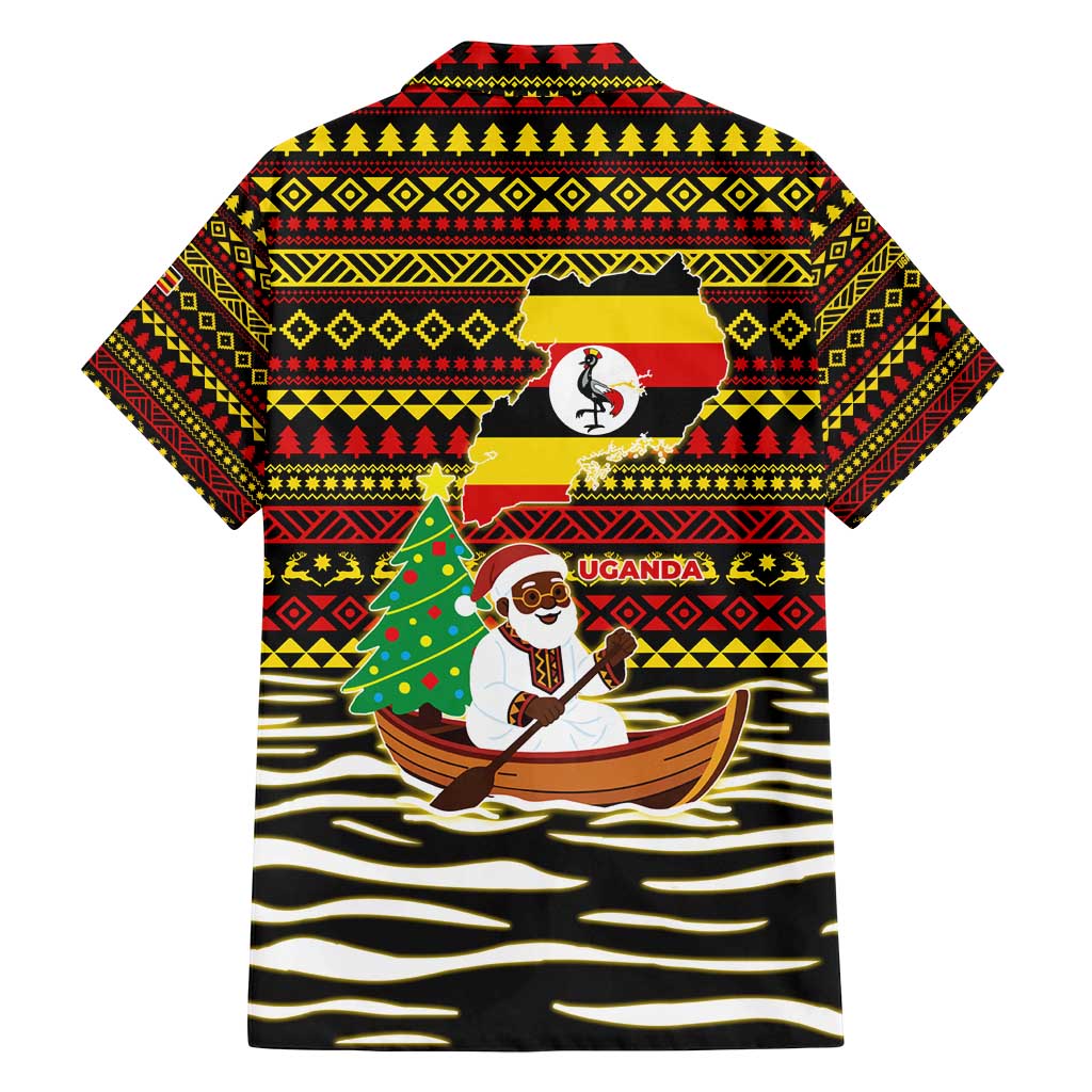 Uganda Christmas Family Matching Long Sleeve Bodycon Dress and Hawaiian Shirt with Santa in Canoe Christmas Tree Uganda Map Flag and Black Red Yellow Tribal Pattern Design - Wonder Print Shop