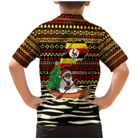 Uganda Christmas Family Matching Mermaid Dress and Hawaiian Shirt with Santa in Canoe Christmas Tree Uganda Map Flag and Black Red Yellow Tribal Pattern Design - Wonder Print Shop