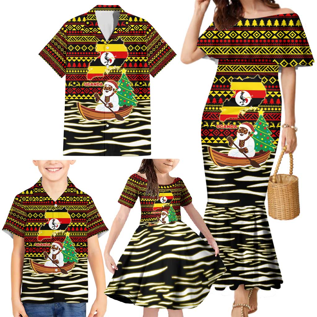 Uganda Christmas Family Matching Mermaid Dress and Hawaiian Shirt with Santa in Canoe Christmas Tree Uganda Map Flag and Black Red Yellow Tribal Pattern Design - Wonder Print Shop