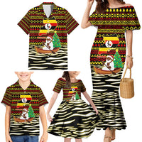 Uganda Christmas Family Matching Mermaid Dress and Hawaiian Shirt with Santa in Canoe Christmas Tree Uganda Map Flag and Black Red Yellow Tribal Pattern Design - Wonder Print Shop