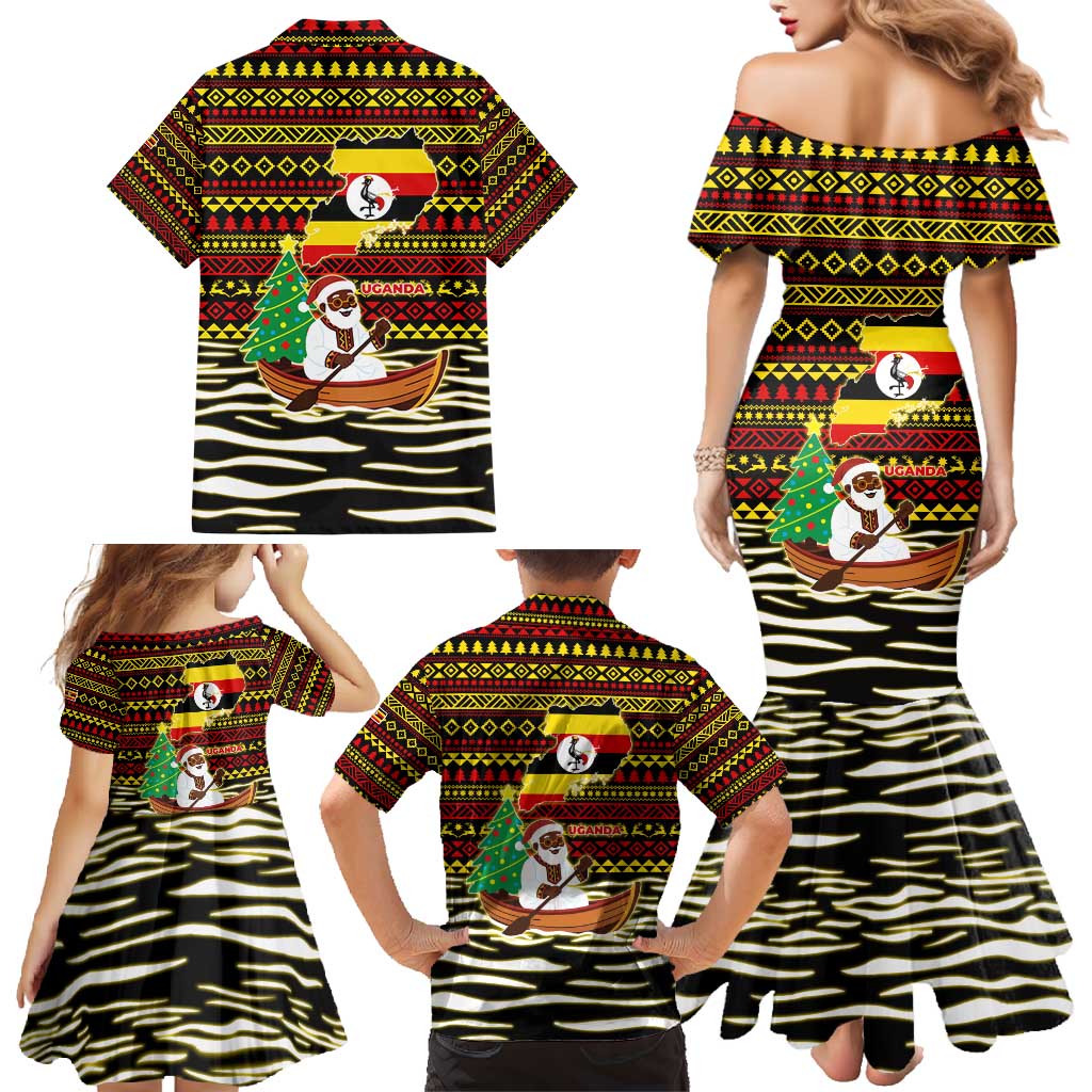 Uganda Christmas Family Matching Mermaid Dress and Hawaiian Shirt with Santa in Canoe Christmas Tree Uganda Map Flag and Black Red Yellow Tribal Pattern Design - Wonder Print Shop