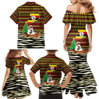 Uganda Christmas Family Matching Mermaid Dress and Hawaiian Shirt with Santa in Canoe Christmas Tree Uganda Map Flag and Black Red Yellow Tribal Pattern Design - Wonder Print Shop