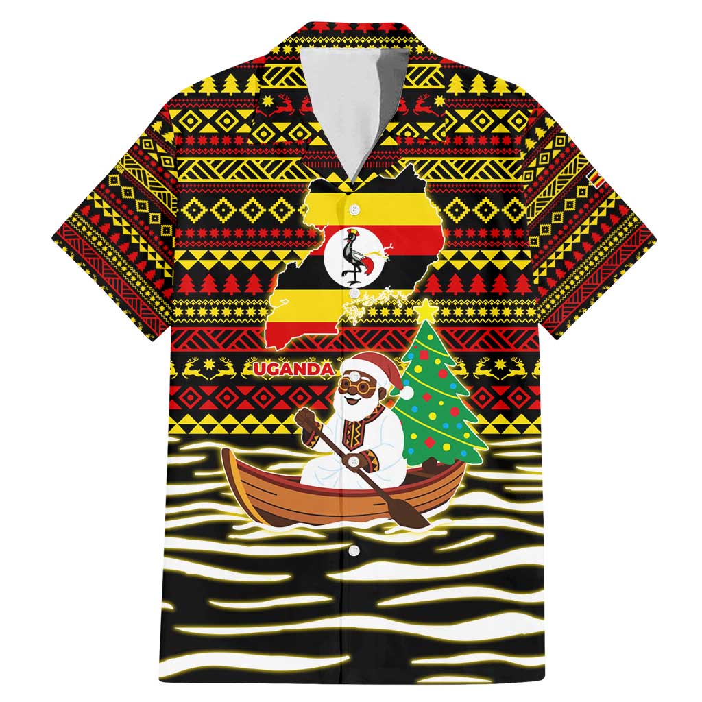 Uganda Christmas Family Matching Mermaid Dress and Hawaiian Shirt with Santa in Canoe Christmas Tree Uganda Map Flag and Black Red Yellow Tribal Pattern Design - Wonder Print Shop