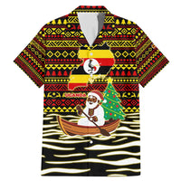 Uganda Christmas Family Matching Mermaid Dress and Hawaiian Shirt with Santa in Canoe Christmas Tree Uganda Map Flag and Black Red Yellow Tribal Pattern Design - Wonder Print Shop