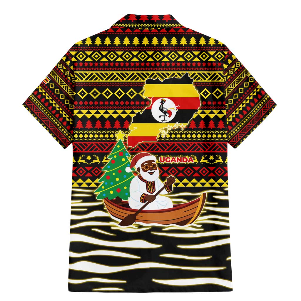 Uganda Christmas Family Matching Mermaid Dress and Hawaiian Shirt with Santa in Canoe Christmas Tree Uganda Map Flag and Black Red Yellow Tribal Pattern Design - Wonder Print Shop