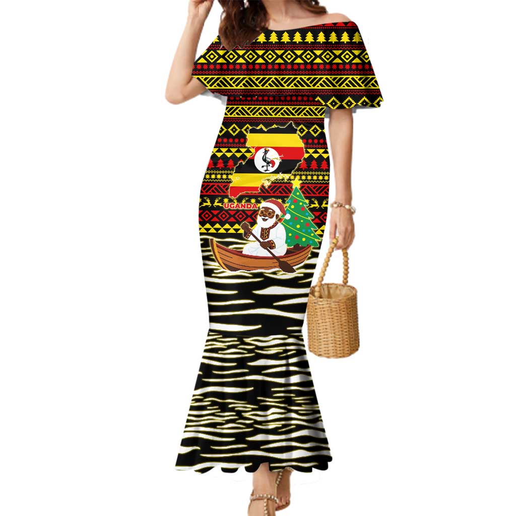 Uganda Christmas Family Matching Mermaid Dress and Hawaiian Shirt with Santa in Canoe Christmas Tree Uganda Map Flag and Black Red Yellow Tribal Pattern Design - Wonder Print Shop