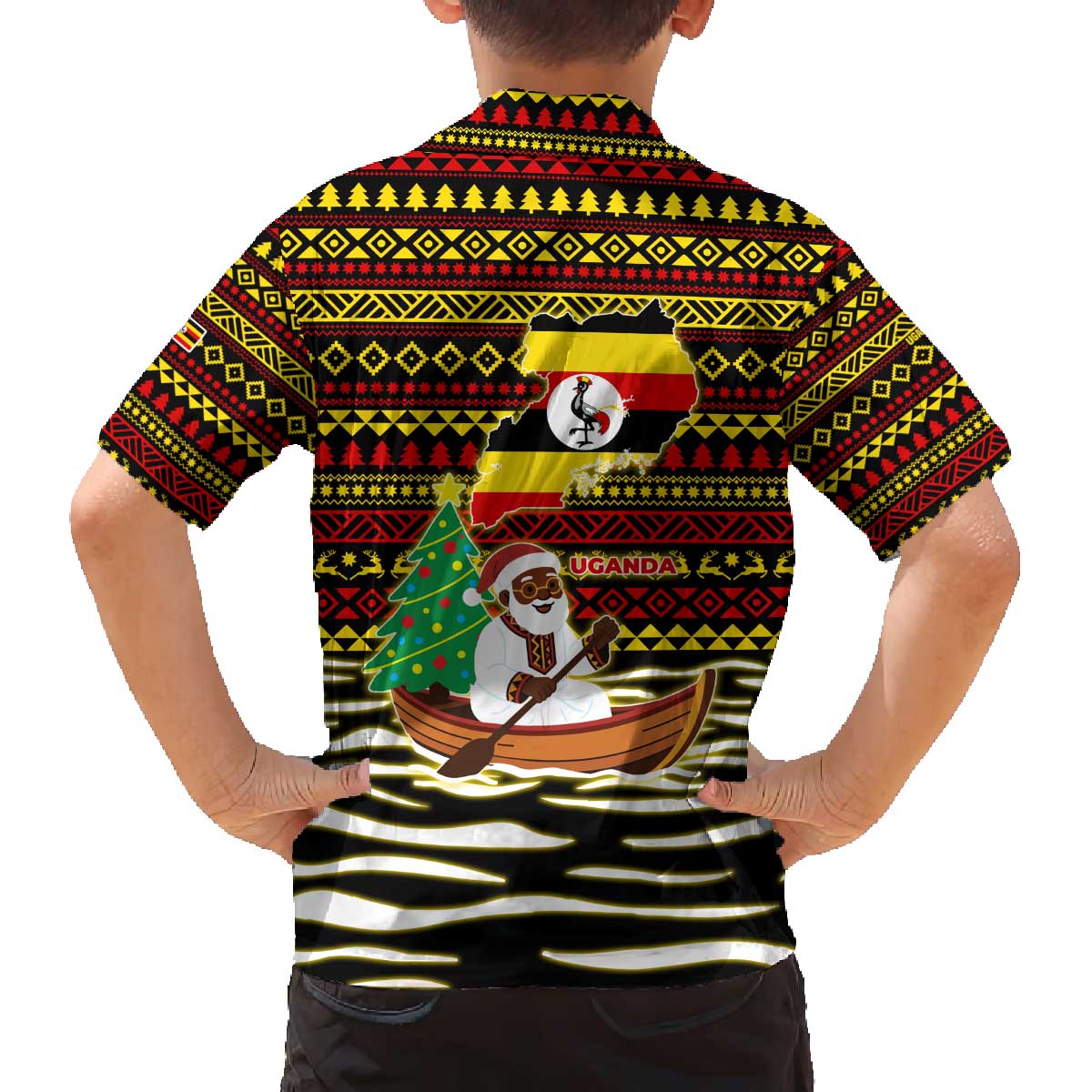 Uganda Christmas Family Matching Off The Shoulder Long Sleeve Dress and Hawaiian Shirt with Santa in Canoe Christmas Tree Uganda Map Flag and Black Red Yellow Tribal Pattern Design - Wonder Print Shop