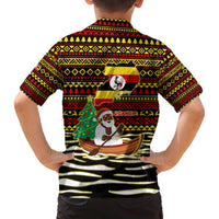 Uganda Christmas Family Matching Off The Shoulder Long Sleeve Dress and Hawaiian Shirt with Santa in Canoe Christmas Tree Uganda Map Flag and Black Red Yellow Tribal Pattern Design - Wonder Print Shop