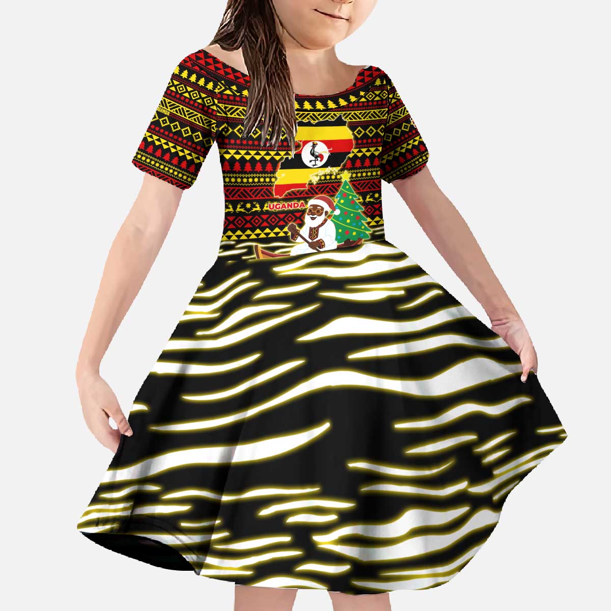 Uganda Christmas Family Matching Off The Shoulder Long Sleeve Dress and Hawaiian Shirt with Santa in Canoe Christmas Tree Uganda Map Flag and Black Red Yellow Tribal Pattern Design - Wonder Print Shop