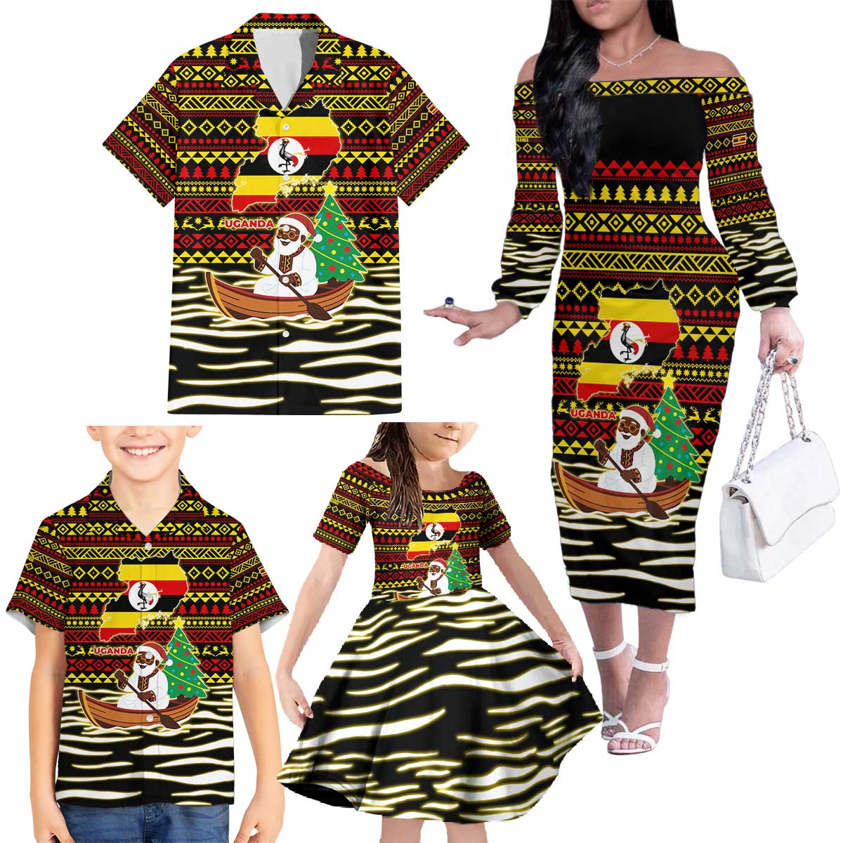 Uganda Christmas Family Matching Off The Shoulder Long Sleeve Dress and Hawaiian Shirt with Santa in Canoe Christmas Tree Uganda Map Flag and Black Red Yellow Tribal Pattern Design - Wonder Print Shop