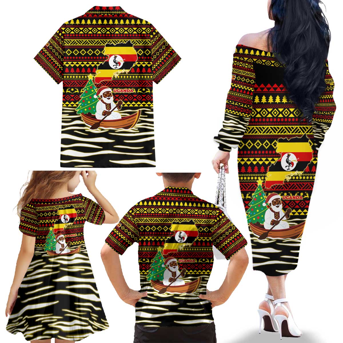 Uganda Christmas Family Matching Off The Shoulder Long Sleeve Dress and Hawaiian Shirt with Santa in Canoe Christmas Tree Uganda Map Flag and Black Red Yellow Tribal Pattern Design - Wonder Print Shop