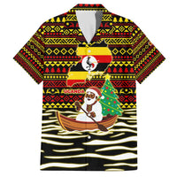 Uganda Christmas Family Matching Off The Shoulder Long Sleeve Dress and Hawaiian Shirt with Santa in Canoe Christmas Tree Uganda Map Flag and Black Red Yellow Tribal Pattern Design - Wonder Print Shop