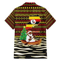 Uganda Christmas Family Matching Off The Shoulder Long Sleeve Dress and Hawaiian Shirt with Santa in Canoe Christmas Tree Uganda Map Flag and Black Red Yellow Tribal Pattern Design - Wonder Print Shop