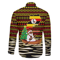 Uganda Christmas Family Matching Off The Shoulder Long Sleeve Dress and Hawaiian Shirt with Santa in Canoe Christmas Tree Uganda Map Flag and Black Red Yellow Tribal Pattern Design - Wonder Print Shop