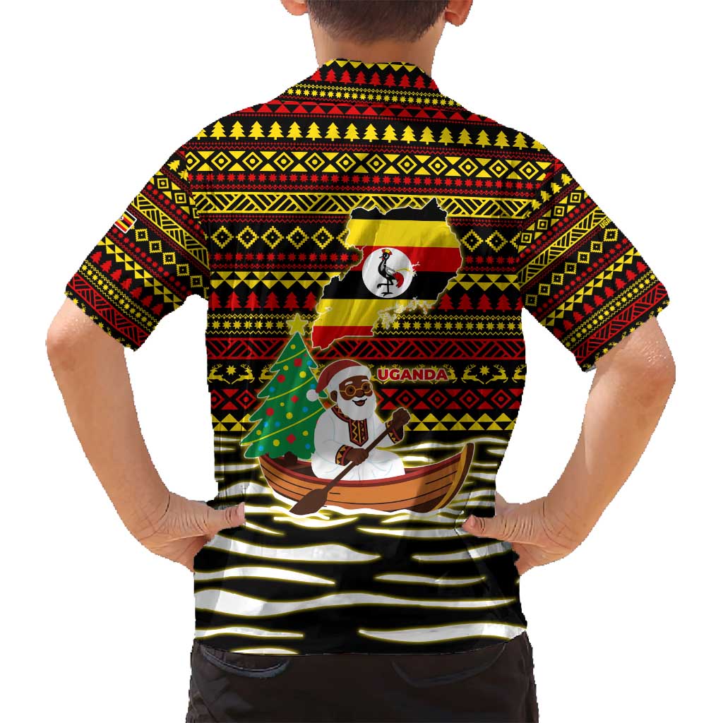 Uganda Christmas Family Matching Off Shoulder Maxi Dress and Hawaiian Shirt with Santa in Canoe Christmas Tree Uganda Map Flag and Black Red Yellow Tribal Pattern Design - Wonder Print Shop