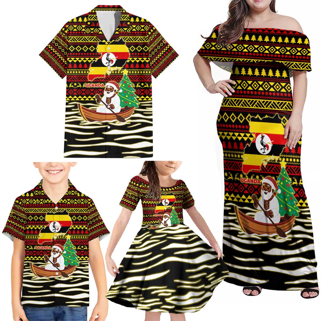 Uganda Christmas Family Matching Off Shoulder Maxi Dress and Hawaiian Shirt with Santa in Canoe Christmas Tree Uganda Map Flag and Black Red Yellow Tribal Pattern Design - Wonder Print Shop