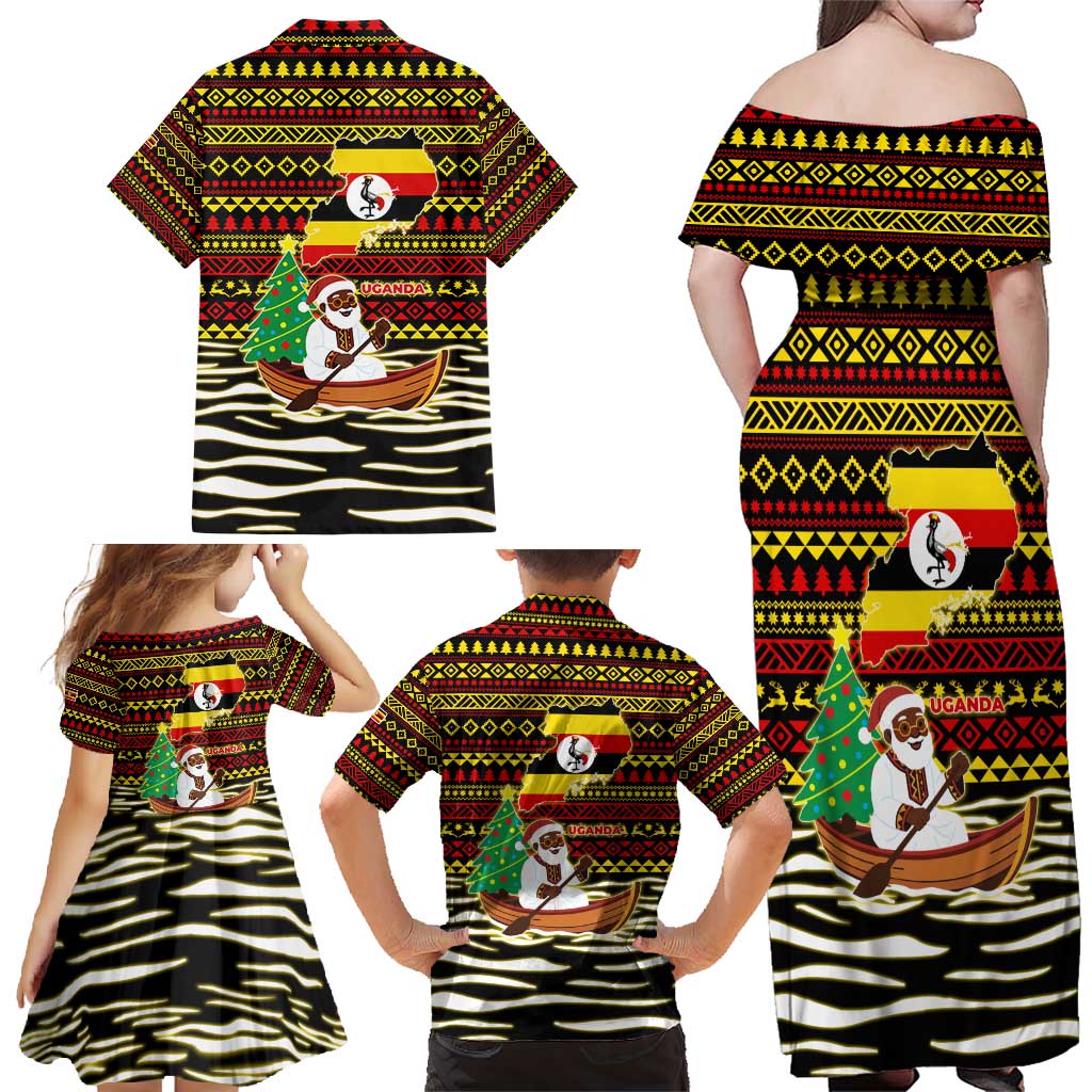 Uganda Christmas Family Matching Off Shoulder Maxi Dress and Hawaiian Shirt with Santa in Canoe Christmas Tree Uganda Map Flag and Black Red Yellow Tribal Pattern Design - Wonder Print Shop
