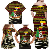 Uganda Christmas Family Matching Off Shoulder Maxi Dress and Hawaiian Shirt with Santa in Canoe Christmas Tree Uganda Map Flag and Black Red Yellow Tribal Pattern Design - Wonder Print Shop