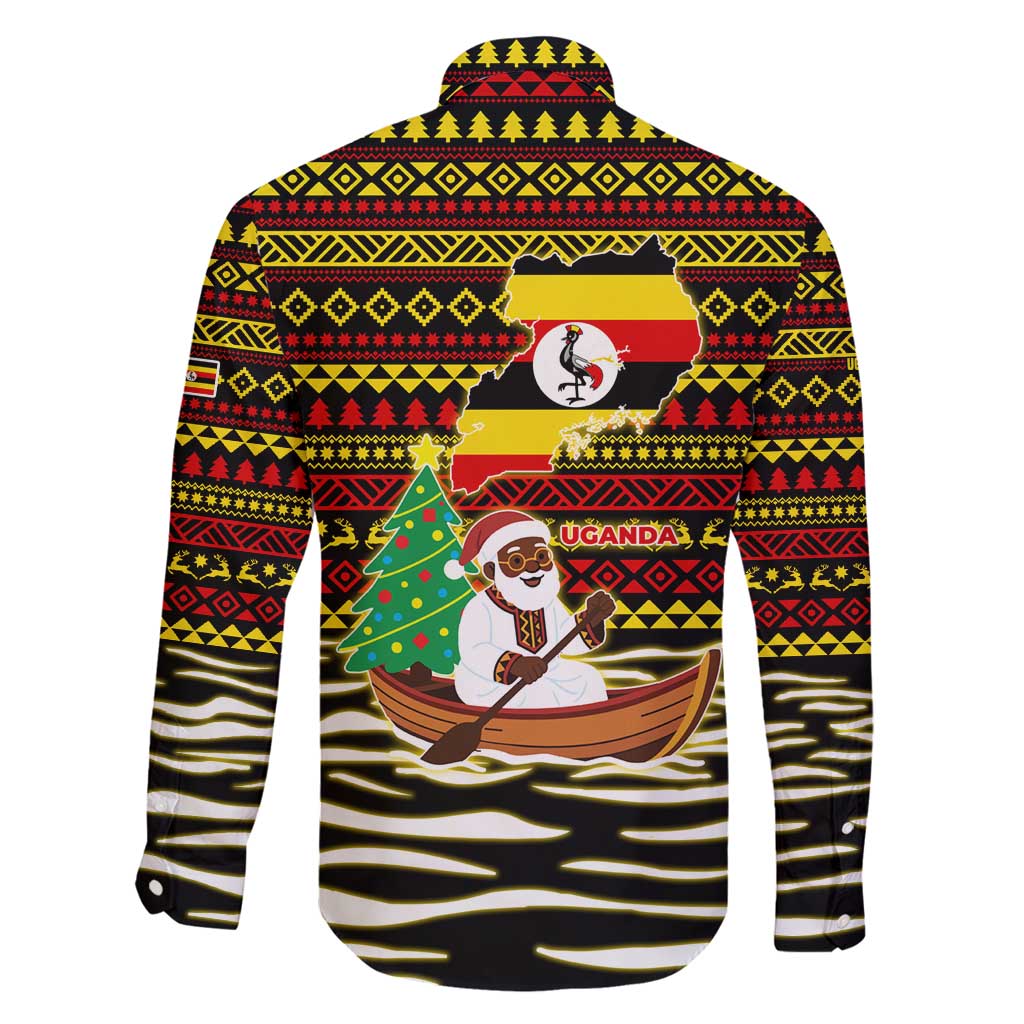 Uganda Christmas Family Matching Off Shoulder Maxi Dress and Hawaiian Shirt with Santa in Canoe Christmas Tree Uganda Map Flag and Black Red Yellow Tribal Pattern Design - Wonder Print Shop