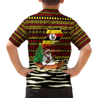 Uganda Christmas Family Matching Off Shoulder Short Dress and Hawaiian Shirt with Santa in Canoe Christmas Tree Uganda Map Flag and Black Red Yellow Tribal Pattern Design - Wonder Print Shop