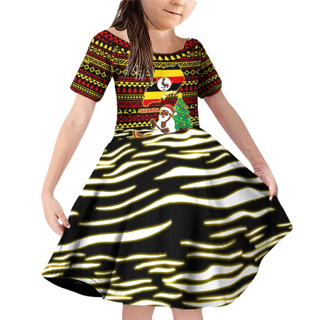 Uganda Christmas Family Matching Off Shoulder Short Dress and Hawaiian Shirt with Santa in Canoe Christmas Tree Uganda Map Flag and Black Red Yellow Tribal Pattern Design - Wonder Print Shop